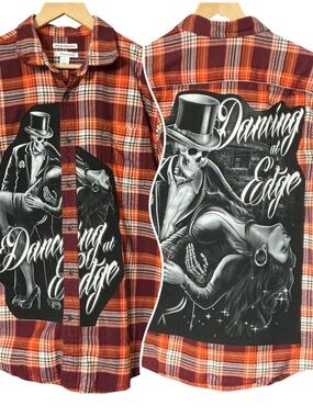 Skeleton Dancing Day of the Dead Halloween Tattoo Upcycled Flannel T Shirt Skull